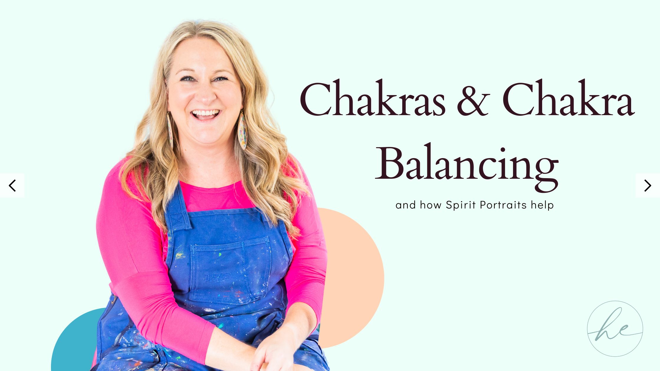 Heather Eck sits in front of mint background. Title reads "Chakras & Chakra Balancing and how spirit portraits help"